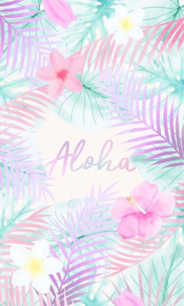 Aloha text surrounded by pastel summer leaves and tropical flowers on a vibrant design