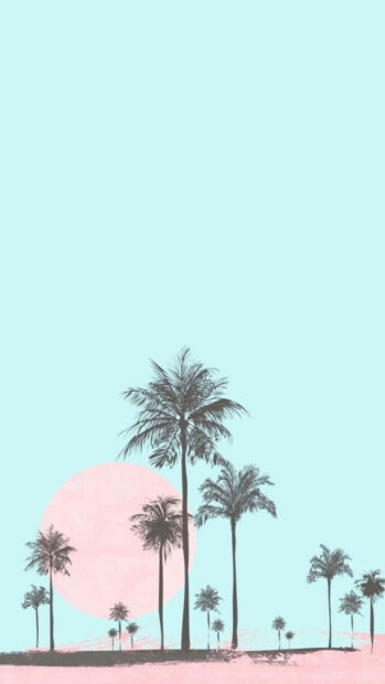 Tall pastel summer scene with palm trees and a large sun in soft colors