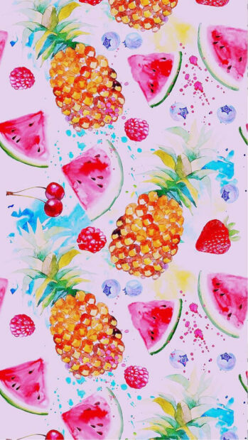 Watercolor painting of summer fruits including pineapple watermelon and berries on pastel background