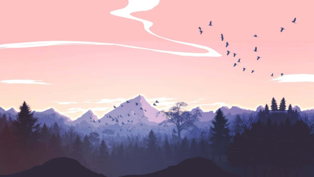 A pink summer sky with birds flying over purple mountain landscape and forest