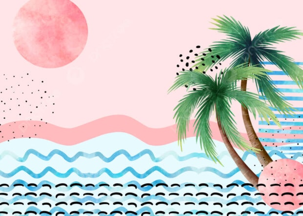 Pink summer design with palm trees and waves on a light pink background