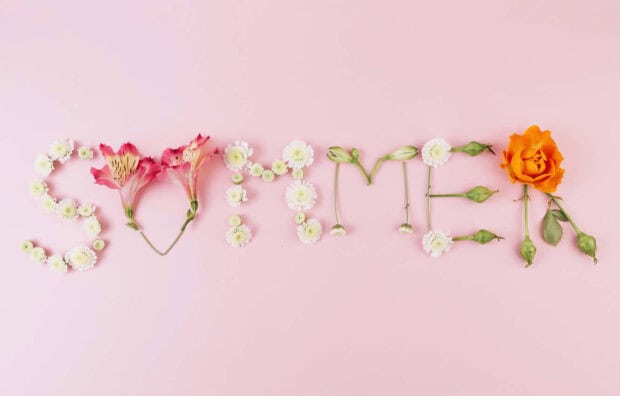 The word summer spelled with flowers on a pink surface with a mix of pink and orange petals