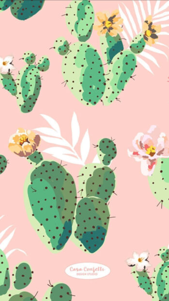 Green cactus plants with blooming flowers on a pink summer pattern