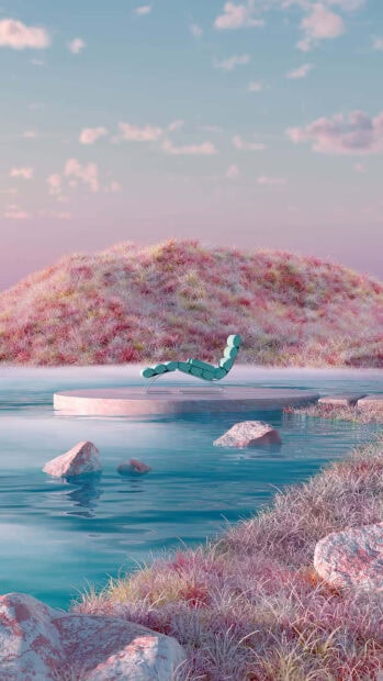 A pink summer scene with soft grass and a modern lounge chair by the water