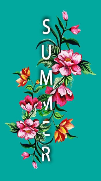 Pink summer typography with vibrant flowers and green leaves on teal background