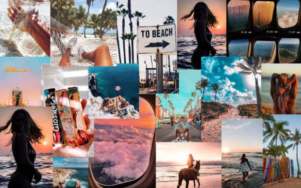 A collage of preppy summer scenes including beach views and palm trees under blue sky