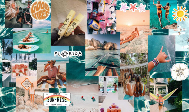 A preppy summer collage with beach scenes and bright tropical vibes