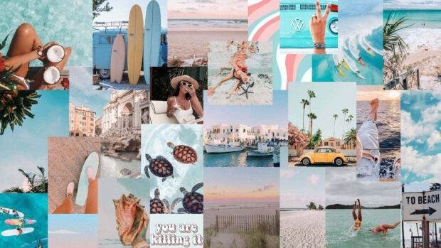 A preppy summer collage with turtles skateboards and beach scenes in vibrant colors