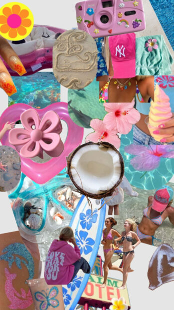 A collage of summer style accessories and beach scenes featuring nails fashion and tropical elements