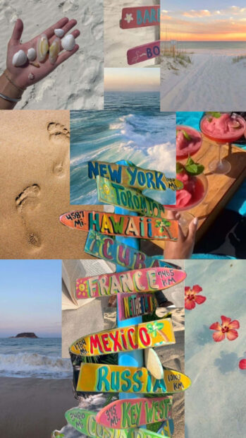 Colorful summer signpost with travel destinations on a sandy beach setting