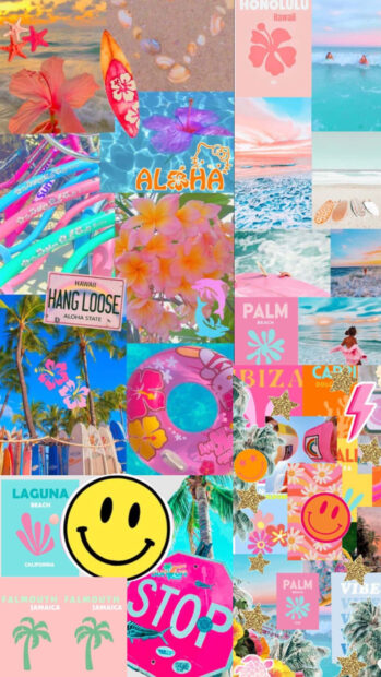 Colorful summer collage with tropical flowers and aloha signs in preppy style