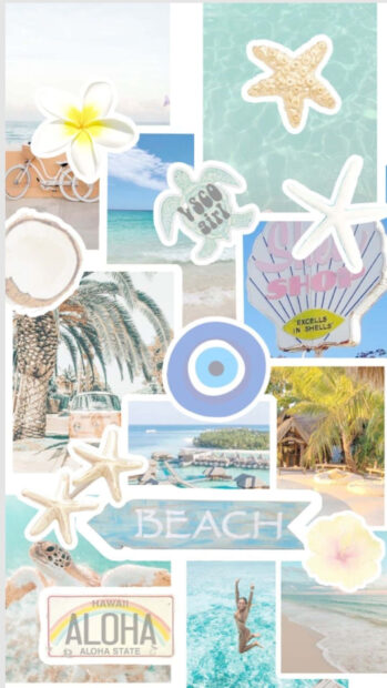 A collection of preppy summer elements featuring beach scenes and tropical vibes