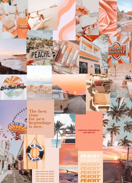 A collage featuring peachy tones vibrant sunsets and coastal summer vibes