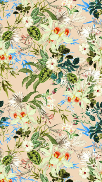 Tropical floral pattern with orchids and green leaves in a preppy summer style