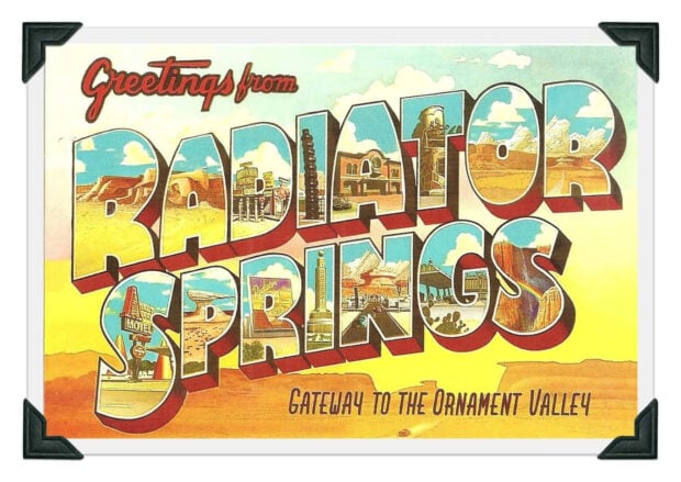 Greetings from Radiator Springs postcard featuring scenic landmarks and desert views