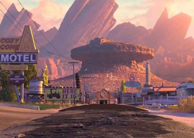 Radiator Springs town and rocky landscape visible on a sunny day in Radiator Springs