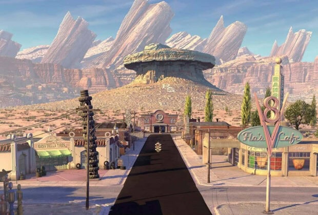 Radiator Springs town with iconic buildings and unique rock formations in a desert landscape