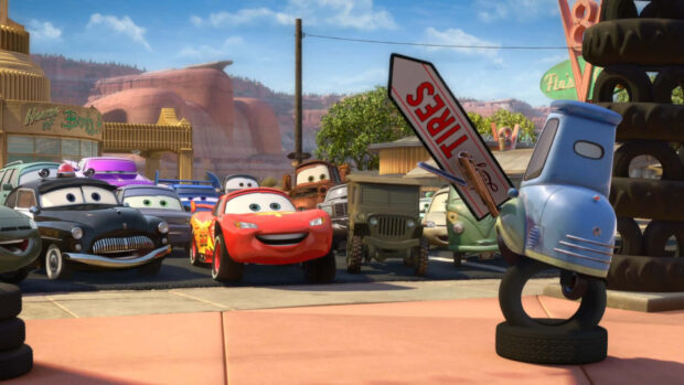 Animated cars gather in Radiator Springs town scene