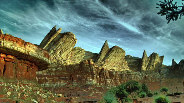 Radiator Springs natural rock formations under a dramatic sky in HD quality