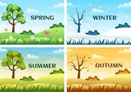 Illustration of four seasons including spring summer autumn and winter with trees and weather elements
