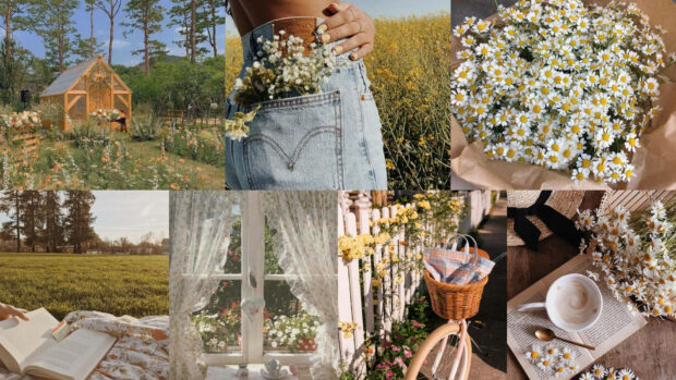 A charming garden with flowers and a wooden house reflecting spring aesthetic