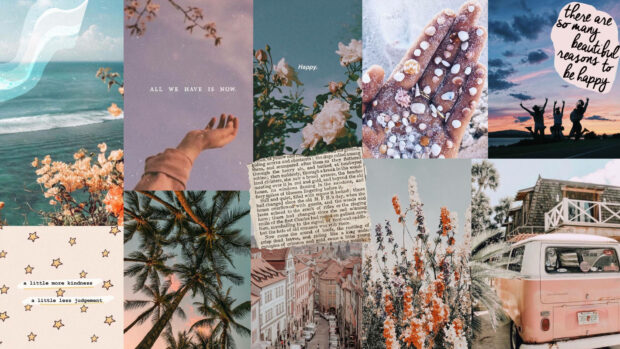 Aesthetic collage featuring spring flowers and urban scenes with kindness and happiness quotes