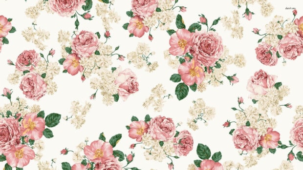 Pink Roses And White Flowers Pattern With Green Leaves