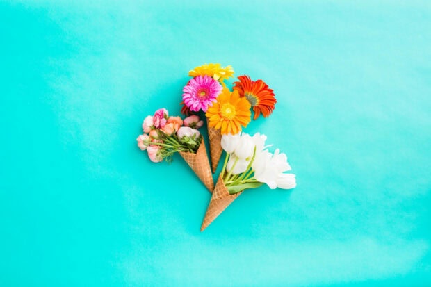Spring aesthetic cones filled with colorful flowers on a blue background