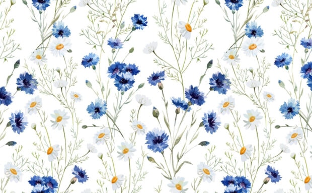Blue and white wildflower floral pattern with green stems and leaves