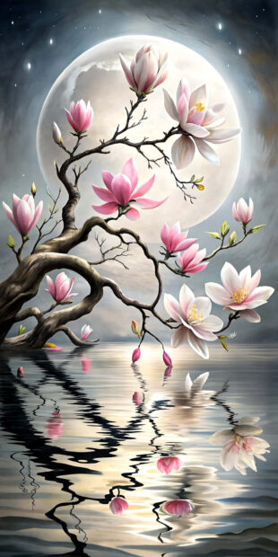 A blooming magnolia tree branch reflecting on water under a glowing full moon in spring aesthetic