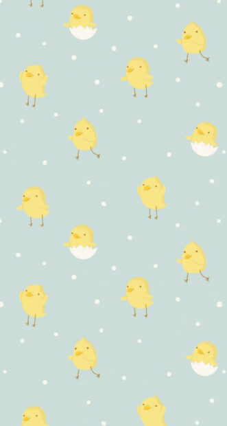 Cute yellow chicks hatching and walking on a light blue spring aesthetic pattern