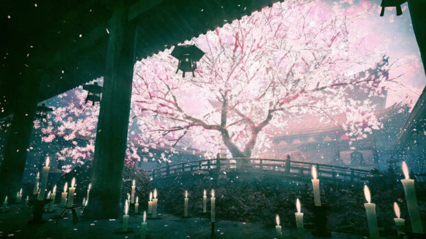 A blooming spring anime tree surrounded by soft petals and candles in a serene setting