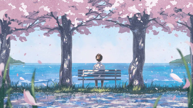 A boy sitting on a bench under cherry blossom trees by the sea during spring anime