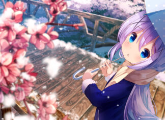 A cute anime girl with blue eyes holding an umbrella near cherry blossoms during spring