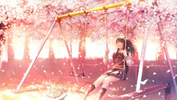 A girl enjoying the spring anime moment on a swing under cherry blossom trees