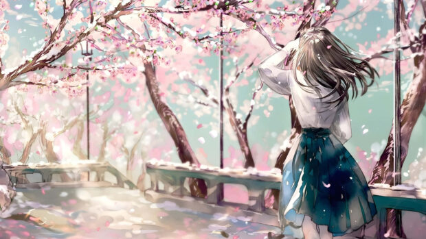 A girl enjoying the spring anime scene with cherry blossoms in full bloom