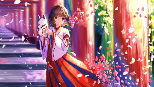 A girl wearing traditional attire holds a fox mask surrounded by spring flowers and petals