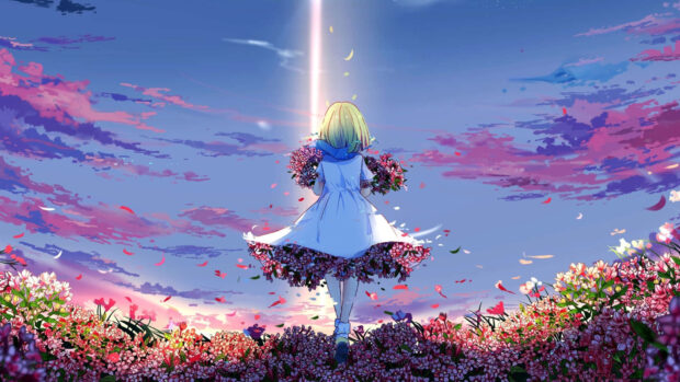 A girl with blonde hair standing in a flower field holding blossoms during spring anime