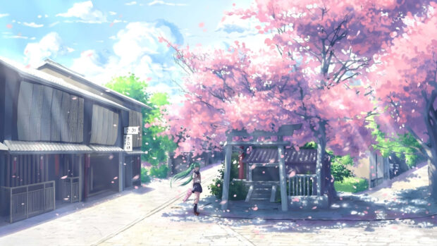 A girl with green hair stands under cherry blossom trees in a spring anime scene