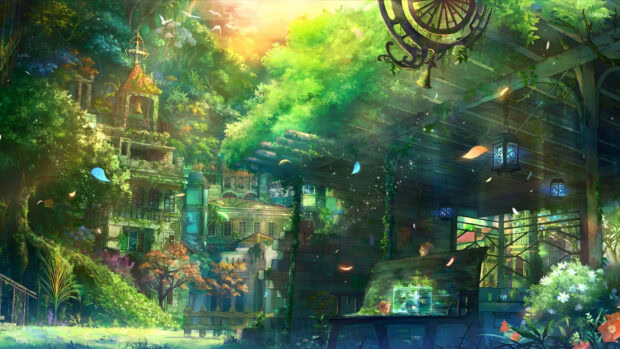 A peaceful anime scene of a lush green garden and old buildings in spring sunlight