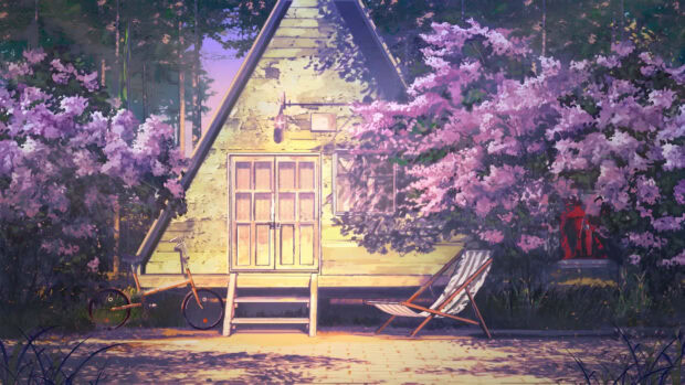 A peaceful spring anime scene with a cozy house surrounded by blooming cherry blossoms