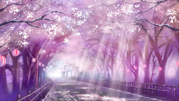 A peaceful spring anime scene with cherry blossoms lining a serene path in soft purple hues