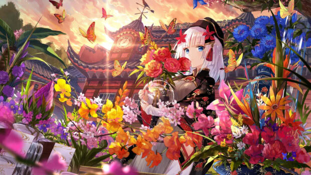 A spring anime girl surrounded by colorful flowers and butterflies in a traditional garden setting
