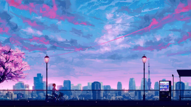 A spring anime scene featuring a boy riding a bicycle under cherry blossoms with a city skyline in the background