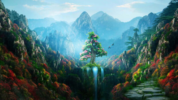 A vibrant anime spring scene with a blooming tree and waterfall surrounded by colorful mountains