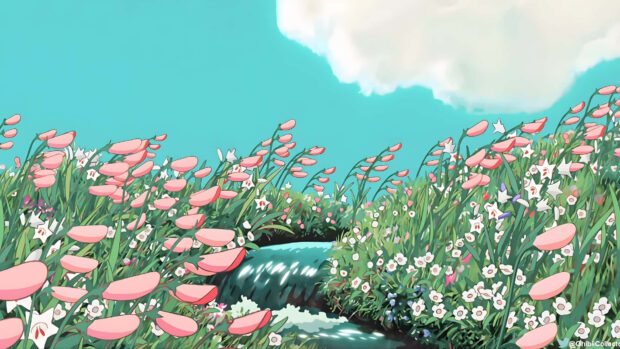 A vibrant spring anime scene with blooming flowers and a flowing river under a bright blue sky