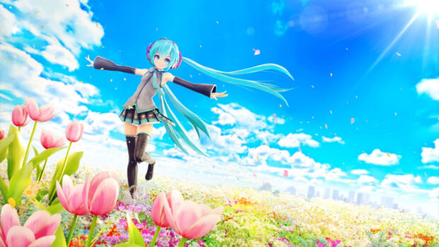 Anime character with blue hair dancing in a spring flower field under a bright blue sky