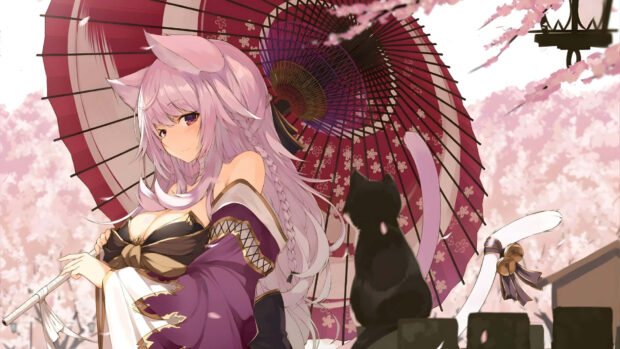 Anime character with fox ears holding a traditional umbrella in a spring setting