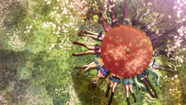 Anime characters relaxing under an umbrella in spring scenery surrounded by flowers