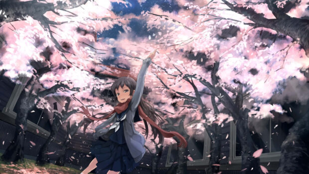 Anime girl enjoying spring under cherry blossom trees in a schoolyard
